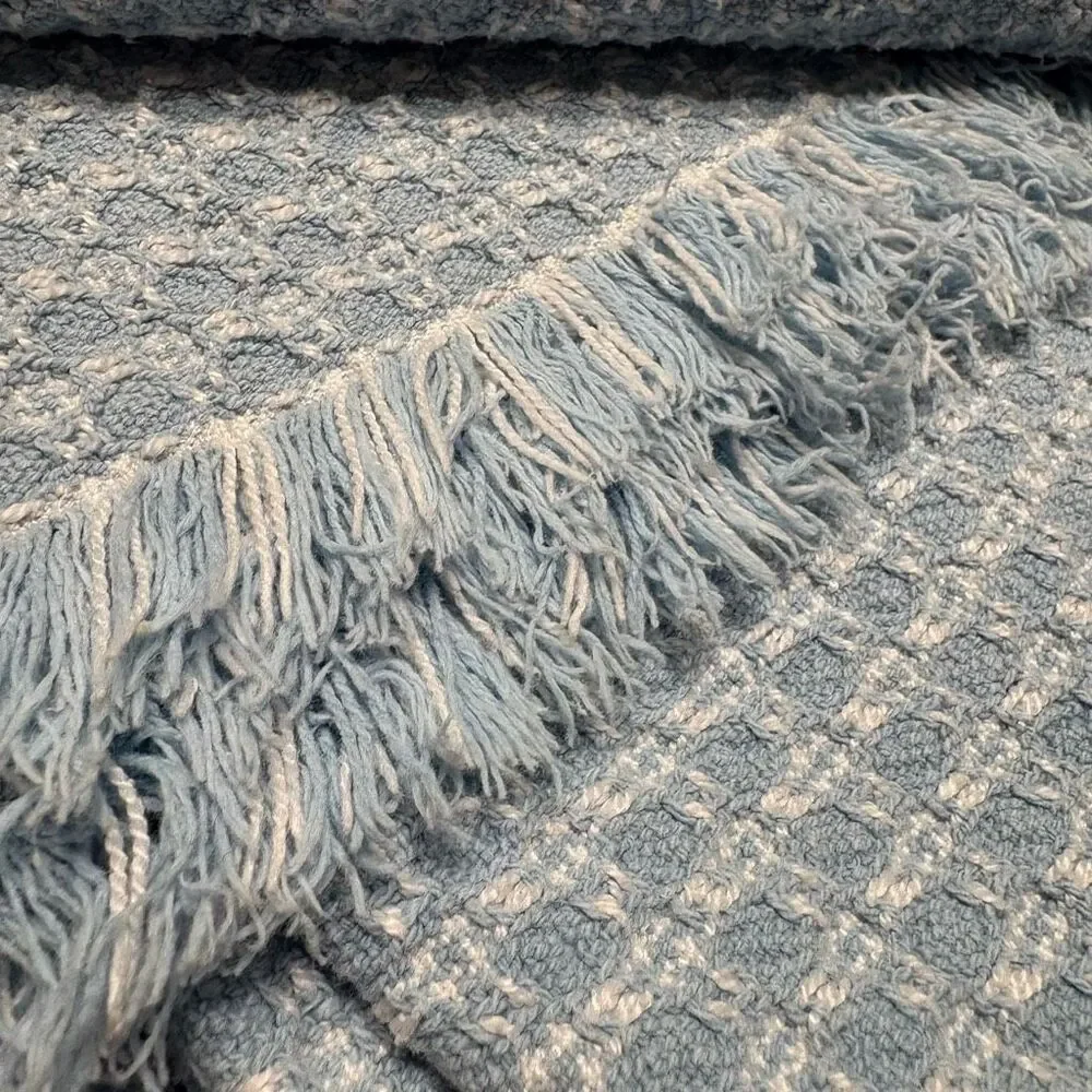 Vintage Homespun Fringed Tablecloth Blue White Rectangular Tablecloth 60